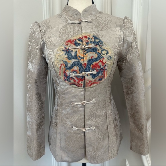 Jackets & Blazers - Miniye Chinese Style Jacket in Cream/Silver Brocade with Rich Embroidery